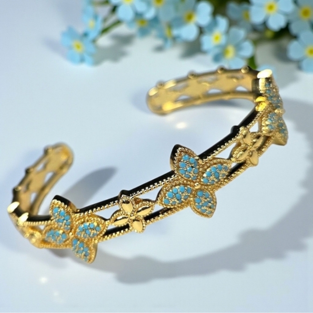 Clover Luxury 18k Gold Plated Turquoise Zircon Crystal Cuff Bangle Bracelet